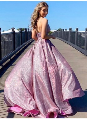 2022 A Line Shiny Sweetheart Pink Spaghetti Straps Long Prom Dresses
