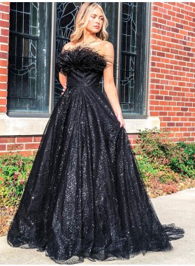 A Line Strapless 2022 Black Feather Shiny Sequence Long Prom Dresses