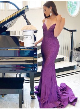 2022 Purple Sheath Sweetheart Spaghetti Straps Beaded Lace Up Long Prom Dresses