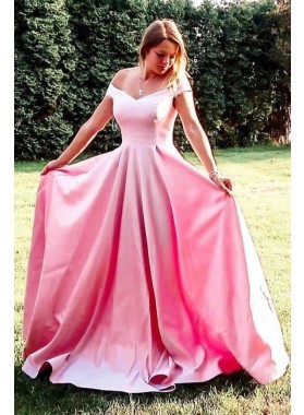 Pink A Line Satin Off Shoulder Sweetheart Long Prom Dresses 2022