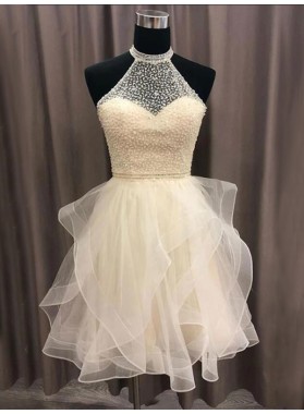 2022 Ivory A Line Layered Tulle Backless Short Homecoming Dresses