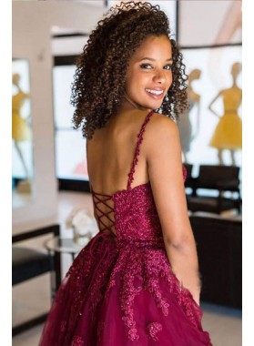 A Line Burgundy Tulle Lace Up Back Knee Length Short 2022 Homecoming Dresses