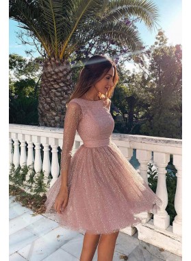 2022 A Line Long Sleeves Pink Backless Short Homecoming Dresses