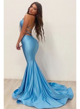 Blue Mermaid Sweetheart Lace Up Sweetheart Halter Rolled Trim Long Prom Dresses 2022