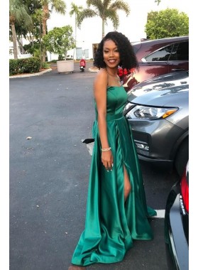 A Line Strapless Silk Like Satin Jade With Wide Waist Band Long Prom Dresses 2022