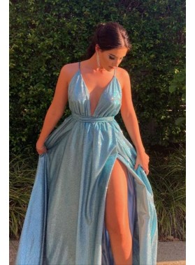 2022 A Line Blue Sweetheart Side Slit Backless Long Prom Dresses