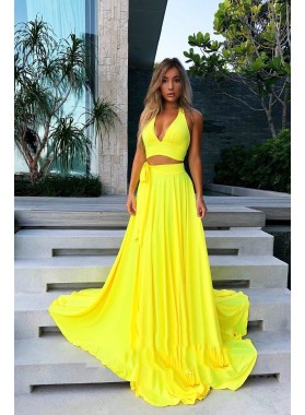 2022 A Line Yellow V Neck Two Pieces Long Prom Dresses