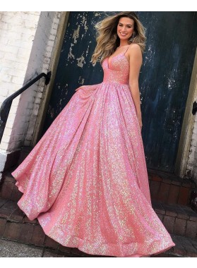 2022 A Line Pink Sweetheart Spaghetti Straps Sequence Long Prom Dresses