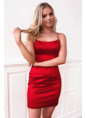 2022 Sheath Red Halter Silk Like Satin Criss Cross Short Homecoming Dresses
