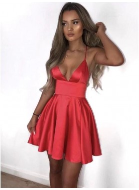 2022 Silk Like Satin A Line Red Sweetheart Spaghetti Straps Short Homecoming Dresses