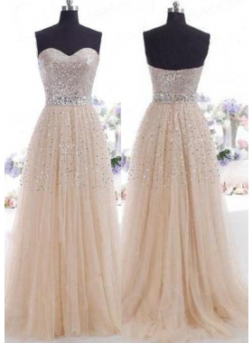 Champagne Beading Sweetheart A-Line/Princess Tulle Prom Dresses