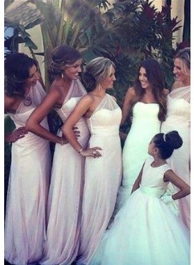 Pearl Pink Tulle One Shoulder Column Ruffle Long Bridesmaid Dresses / Gowns