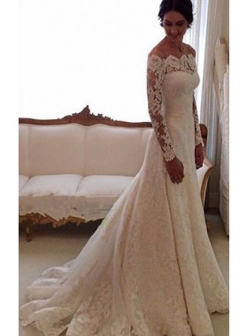 Bateau Ivory A-Line Court Train Lace Long Sleeves Wedding Gowns / Dresses