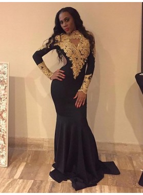 Black Mermaid Long Sleeves High Neck Gold Appliques Backless Long Prom Dresses