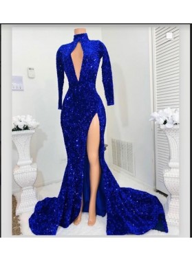 2022 Long Sleeves Royal Blue Prom Dresses