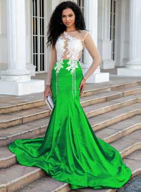 Lime Green Sheath/Column Silk Like Satin Long Sleeves Prom Dresses With Appliques