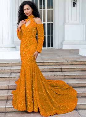 Gold Mermaid Long Sleeves Hollow Out Key Hole Long Sequence Prom Dresses