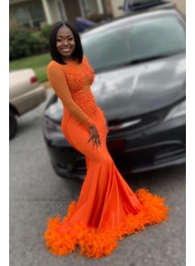 Long Sleeves Orange Mermaid Prom Dresses 2022