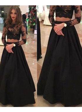 2022 Junoesque Black Long Sleeve A-Line/Princess Lace Two Pieces Prom Dresses