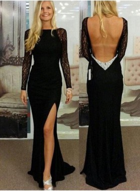 2022 Junoesque Black Sexy Split Front Backless Floor-Length/Long Lace Prom Dresses