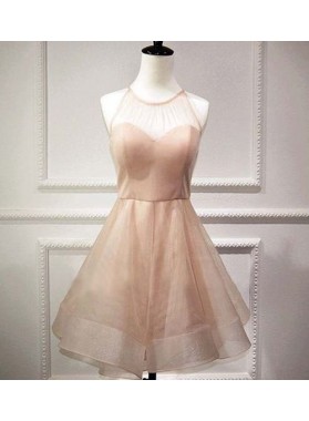 A-Line Jewel Pearl Pink Organza Bowknot Short Homecoming Dress 2022 with Open Back