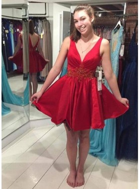 A-Line Deep V-Veck Sleeveless Red Stretch Satin Homecoming Dress 2022 with Beading