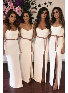 2022 White Sheath Side Slit Spaghetti Straps Belt Bridesmaid Dresses