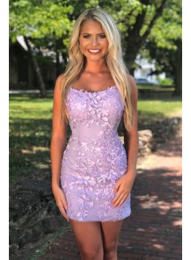 2023 Lavender Sheath Spaghetti Straps Short Lace Appliques Homecoming Dresses