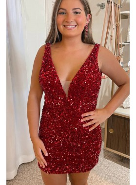 2023 Red Column V-neck Sleeveless Short Sequins Homecoming Dresses