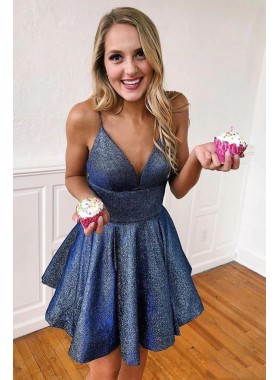 2023 Royal Blue A-line Spaghetti Straps Sleeveless Short Sequins Homecoming Dresses
