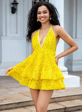 A-line Princess Sequin Halter V-neck Yellow Layers Short/Mini Homecoming Dresses