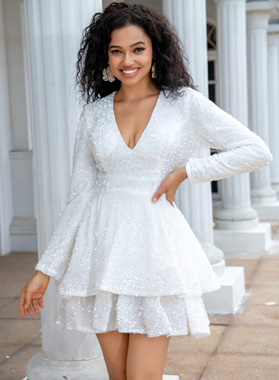 2023 A-line Princess V-neck Long Sleeves Sequin White Short/Mini Homecoming Dresses, As Picture & Size 2 - 26W In Stock & Ships in 48 Hours