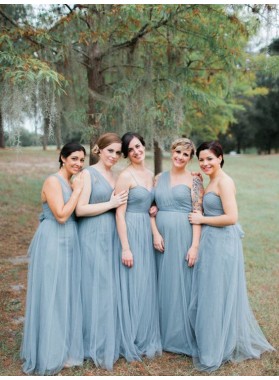2022 A Line Tulle One Shoulder Blue Bridesmaid Dresses