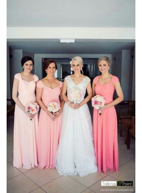 2022 Cheap A Line Water Melon Chiffon With Capped Sleeves Long Bridesmaid Dresses / Gowns