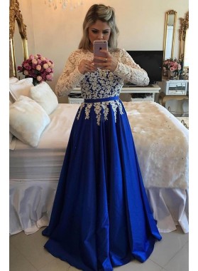 2022 New Arrival A-Line/Princess Satin Royal Blue With White Appliques Long Sleeves Prom Dresses
