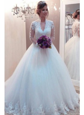 Elegant Ball Gown V Neck Long Sleeves Tulle 2022 Wedding Dresses With Appliques