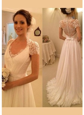 Chiffon Floor-Length A-Line/Princess Short Sleeve Bateau Covered Button Wedding Dresses / Gowns With Appliqued