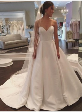 2022 Simple A Line Sweetheart Satin Plain Wedding Dresses
