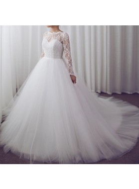 Elegant A Line Long Sleeves Lace Sweetheart Tulle Wedding Dresses
