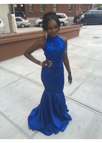 Charming Sheath Royal Blue Satin Backless Slim Fitted Prom Dresses