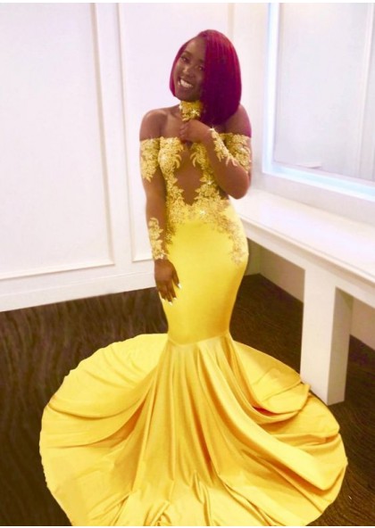 yellow off the shoulder mermaid dress