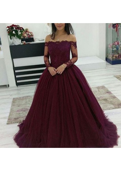 off shoulder maroon gown