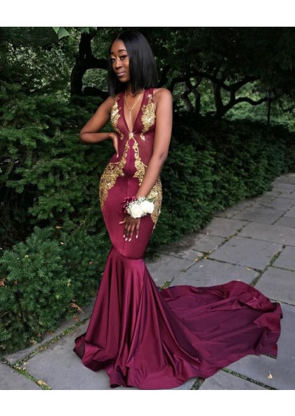 burgundy gold prom dress