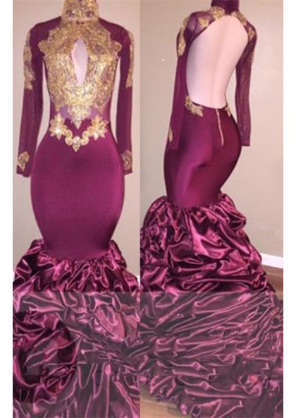 burgundy and gold mermaid prom dress