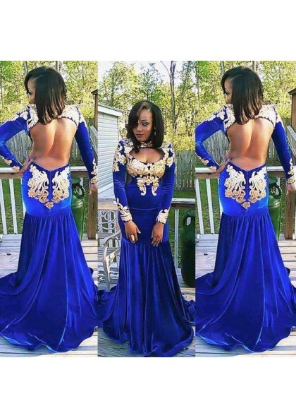 Sexy Mermaid Royal Blue With Gold Appliques Velvet Long Sleeves
