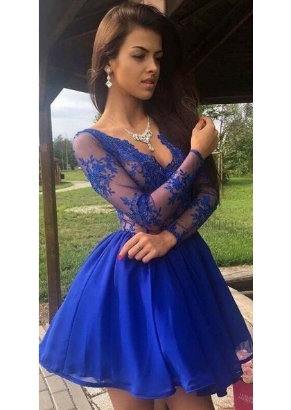 Knee Length Royal Blue V Neck Long Sleeves Organza See Through