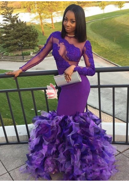 Long Sleeves Purple Mermaid Ruffles Pleated See Through African Prom ...