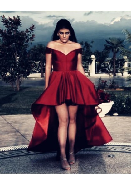 red off the shoulder high low dress