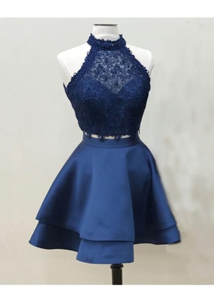 Elegant A Line Knee Length Satin Two Pieces Dark Navy Short Lace