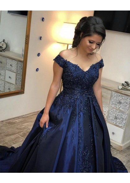 off shoulder satin ball gown
